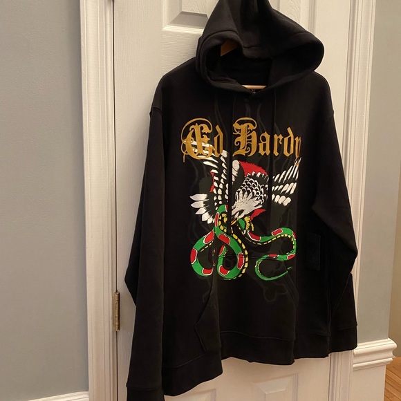 Ed Hardy Hoodie Mens Extra Large Eagle Snake Skull Flame Y2K Punk Black NWT - Picture 2 of 10